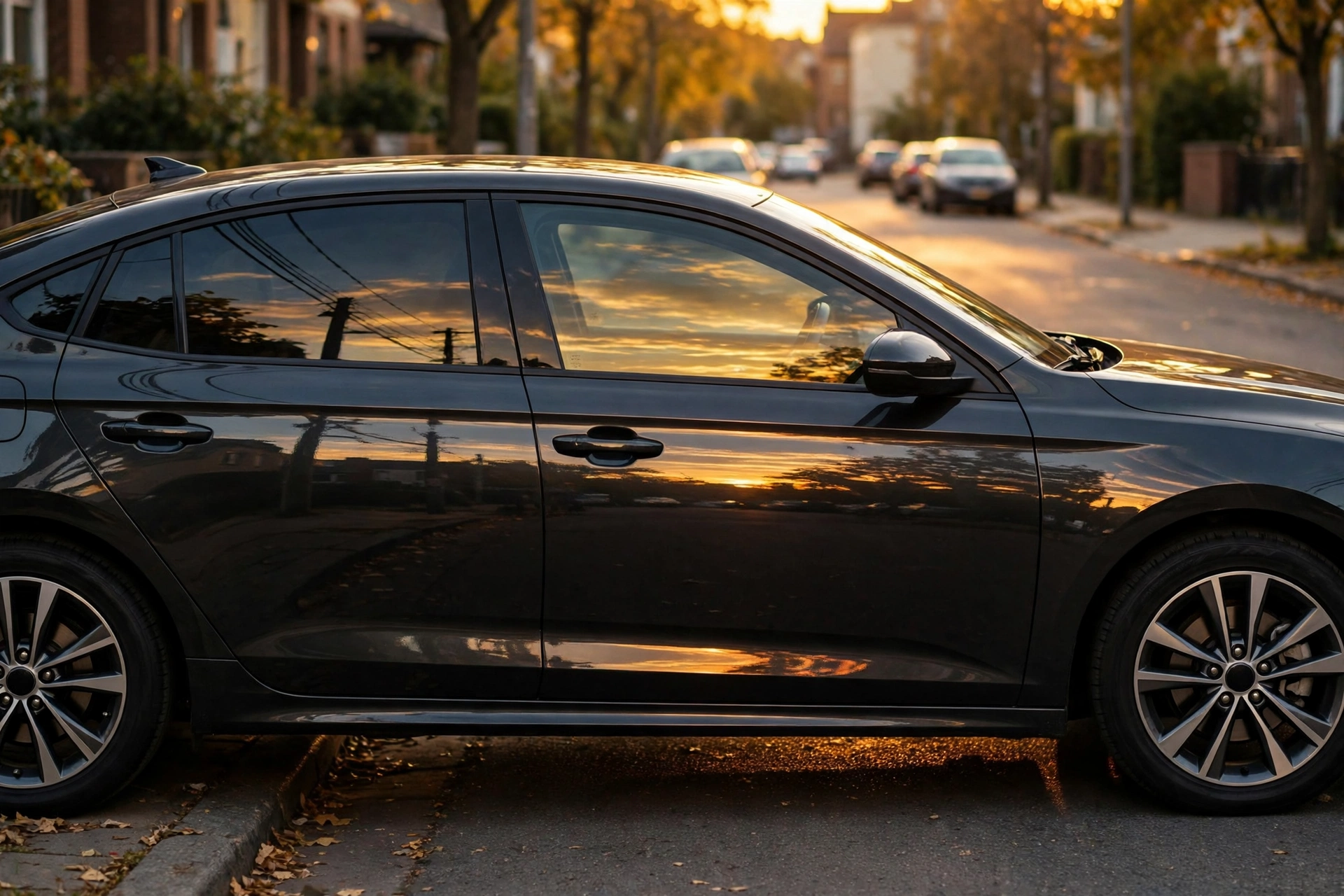 Car with tinted windows reflecting a golden sunset